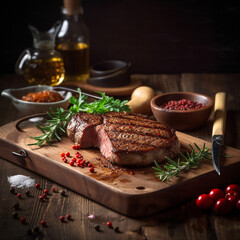 juicy grilled steak with herbs and spices on rustic cutting board. Barbecue