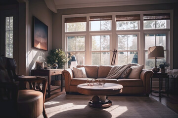 Living room interior. Comfortable furniture, glass windows. AI generative