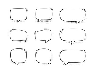 Obraz premium Retro empty comic bubbles set with black halftone shadows. Vector illustration, vintage design, pop art style