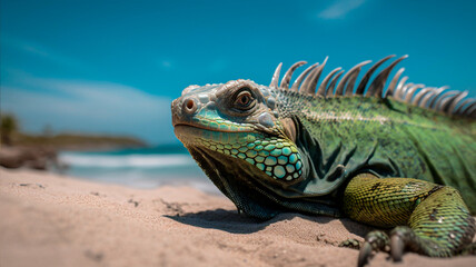 a vibrant green iguana basking in the sun Generated with AI