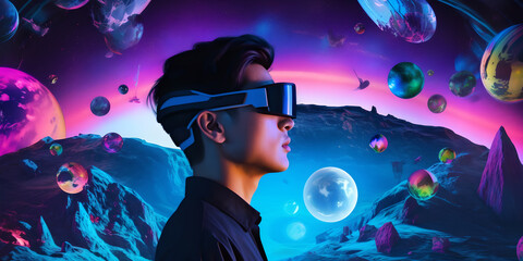 a man appearance experiencing metaverse world with vr