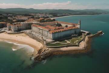 Aerial view of Magdalena Palace, peninsula, city and beach in sunny summer Santander. Generative AI