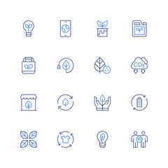 Ecology icon set. Editable stroke. Thin line icon. Duotone color. Containing bulb, phone, dye, biofuel, eco bag, energy saving, recycling, carbon dioxide, shop, sustainable, recycle, environment.