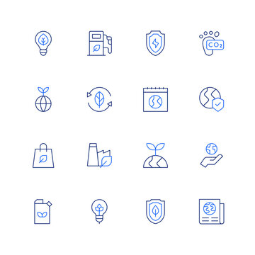 Ecology icon set. Editable stroke. Thin line icon. Duotone color. Containing eco, green energy, save energy, carbon footprint, sustainability, recycle, calendar, earth, shopping bag, green factory.