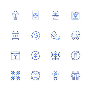 Ecology icon set. Editable stroke. Thin line icon. Duotone color. Containing bulb, phone, dye, biofuel, eco bag, energy saving, recycling, carbon dioxide, shop, sustainable, recycle, environment.