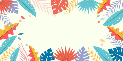 Hello Summer concept design, summer panorama, abstract illustration with jungle exotic leaves, colorful design, summer background and banner. flyer, invitation, poster, web site . Space for text. 