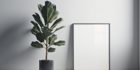 Ficus tree in vase on white wall background. Modern interior design, generative Ai