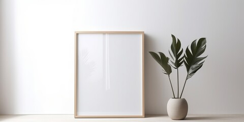 3d render, interior design, blank picture frame mockup with plant in a pot, generative Ai