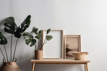 Wooden shelf with photo frames and plant in pot on white wall, generative Ai