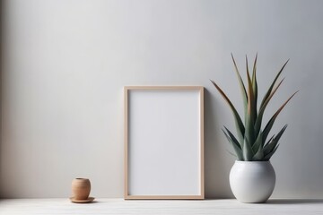 Fototapeta na wymiar Wooden frame mockup with succulent plant in white vase on white background, generative Ai