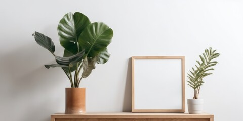 Mock up frame on wooden shelf with houseplant on white wall background, generative Ai