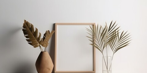 Mock up frame with palm leaves in vase on white wall, generative Ai