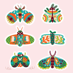 Hand drawn moths with floral ornaments. Sticker collection