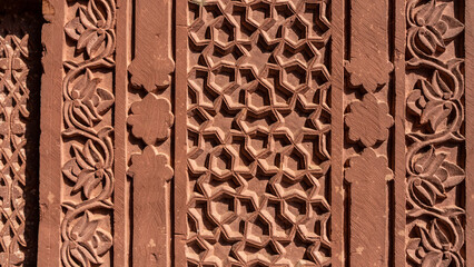 Details of ancient Indian architecture. Relief patterns and floral ornaments are carved on the sandstone wall. Close-up. India. Agra. Red Fort