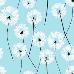 Seamless background with dandelions. Silhouettes of white fluffy dandelions with black stem on blue background. Design for fabric, packaging, cover.