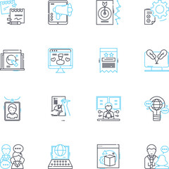 Exhibitions and shows linear icons set. Display, Showcase, Expo, Gallery, Event, Performance, Art line vector and concept signs. Trade show,Spectacle,Exhibition outline illustrations