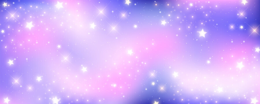 Pink unicorn sky with stars. Cute purple pastel background. Fantasy dreaming galaxy and magic wavy space with fairy light. Vector illustration