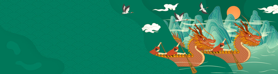Illustration of dragon boat rowing during the traditional Dragon Boat Festival in China