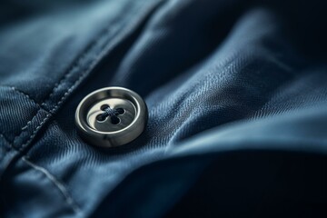 Close-up photo of a button on a blue shirt. Generative AI