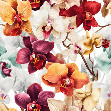 Seamless floral wallpaper with orchids in purple. yellow and grey.  Generative AI.
