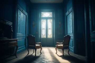 A blue room with two chairs and light coming through doorway. Generative AI