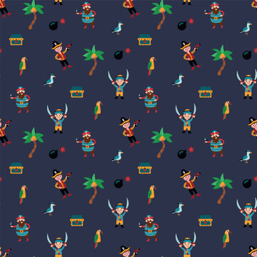 Pirate seamless pattern. Pirates, treasure chest, seagull, parrot, palm tree, bomb. Design for fabric, textile, wallpaper, packaging.