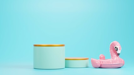 3d summer Illustration of Swimming Pool Inflatable Rubber Pink Flamingo and podium for display product on the blue background.