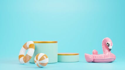 3d summer Illustration of Swimming Pool Inflatable Rubber Pink Flamingo, Swim Ring, Ball and podium for display product on the blue background.