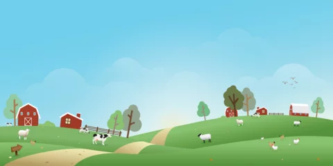 Foto auf Acrylglas Grüne Koralle Rural landscape in the morning vector illustration with blank space. Livestock flat design for eco or daily products advertisement.
