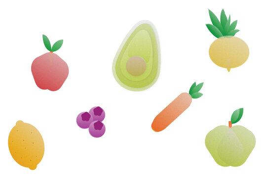A set of vector flat fruit and vegetables icons, stickers with texture. Decorative design. Healthy food, organic food.