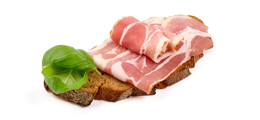 Sandwich with thinly sliced bacon, isolated on white background.