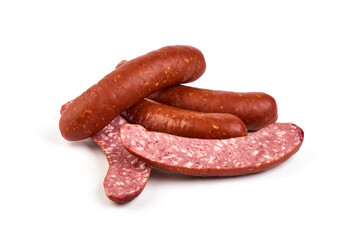 Smoked bbq sausages for grill, isolated on a white background.