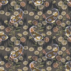 abstracted digital  flower and paisley   pattern on background