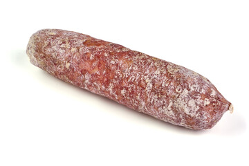 Italian salami with mold, isolated on white background.