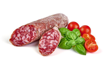 Sun dried sausage with mold, isolated on white background. High resolution image.