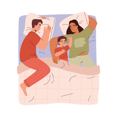 Mother, father and child sleeping together top view flat style