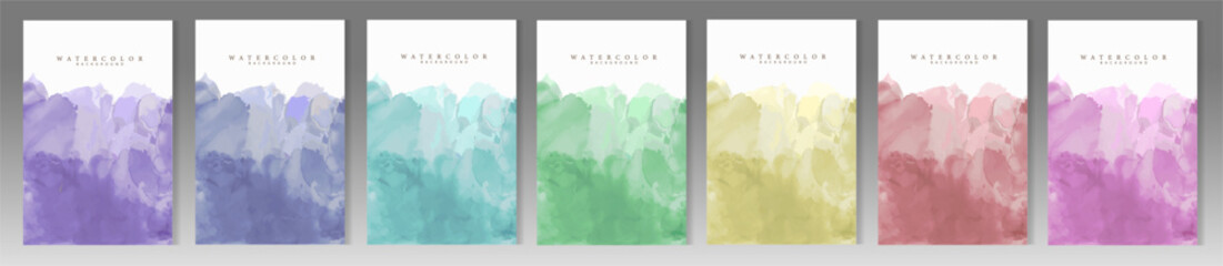 Big set of watercolor covers. Colorful painting, bright brush strokes, color scale on pastel background. 