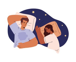 Obraz na płótnie Canvas Couple sleeping together in bed, flat vector illustration isolated on white background.