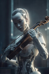 Fototapeta na wymiar Robot playing violin. Ai with a musical instrument. Futuristic concept technology generative ai.