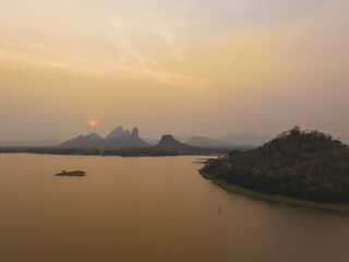 Aerial photograph at Phu Sap Lek, Lop Buri Province, in the evening, sunset and there is a lot of air pollution.