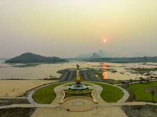 Aerial photograph at Phu Sap Lek, Lop Buri Province, in the evening, sunset and there is a lot of...