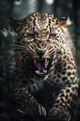 Fototapeta na wymiar Wild Leopard panthera roaring aggressively. Jungle forest running generative ai