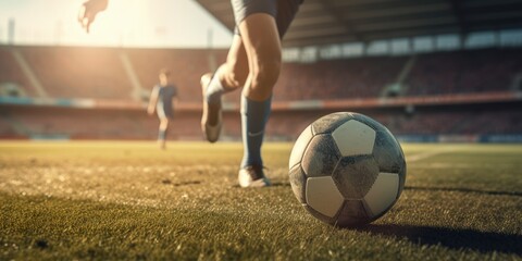 Football or soccer player playing with the ball in stadium. Generative AI