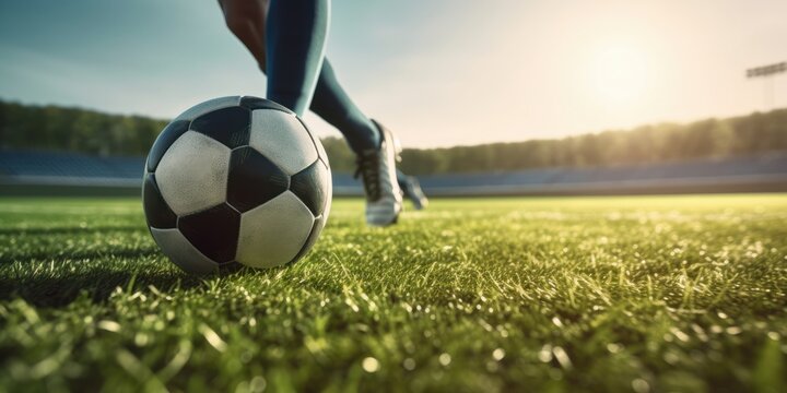 Football or soccer player playing with the ball in stadium. Generative AI
