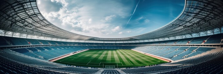 Fototapeta na wymiar Soccer or Football stadium with green field and blue sky. Generative AI