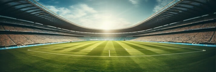 Soccer or Football stadium with green field and blue sky. Generative AI