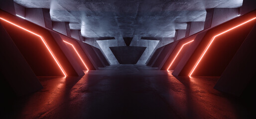 Sci Fi Futuristic Cement Hallway Garage Hall Underground Orange Electric Neon Laser Lights Night Cyberpunk Tunnel Showroom Stage 3D Rendering © IM_VISUALS