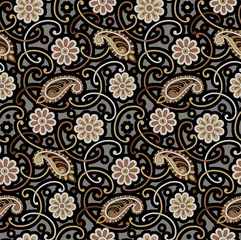 Vlies Fototapete Boho-Stil Seamless paisley with floral pattern on dark background