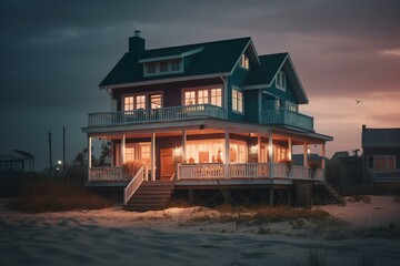 Beachside house painted in dusk. Generative AI