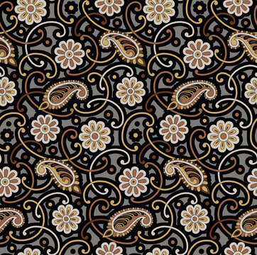 Seamless paisley with floral pattern on dark background